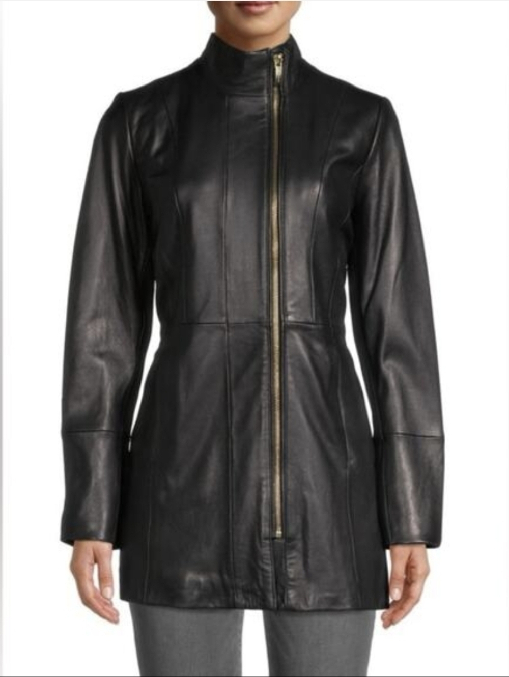 Cole Haan Women's Black Leather Zip-Front Coat Size Small